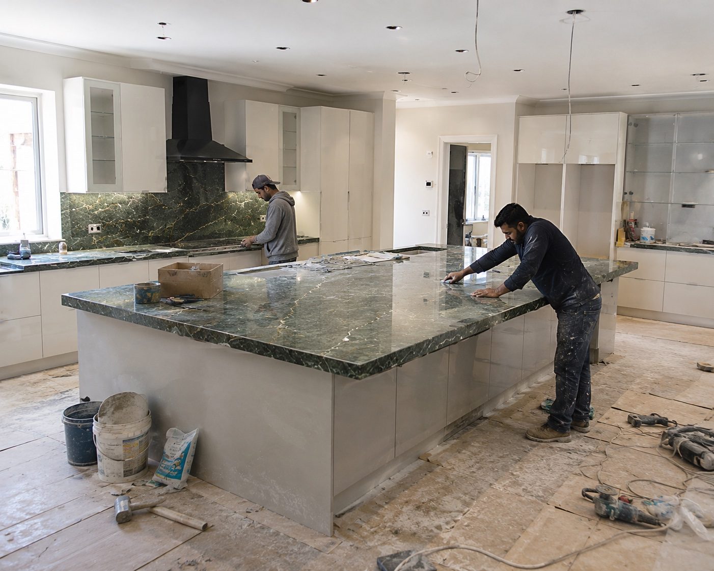 Stone installation in progress
